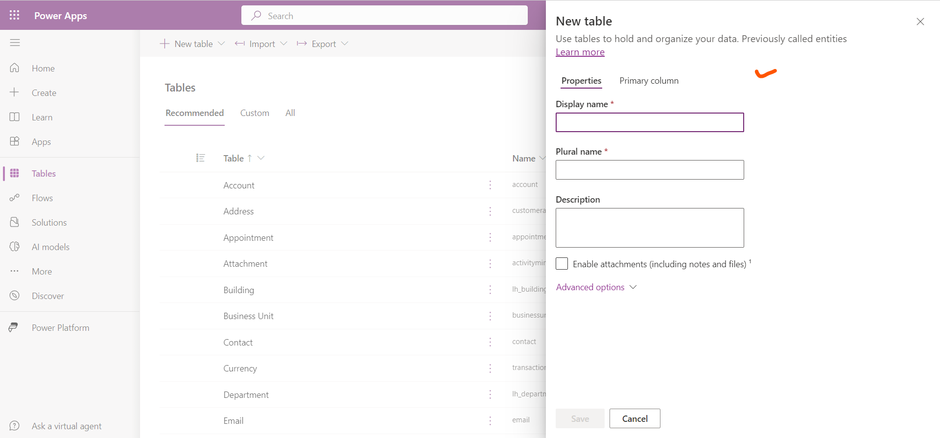 Create a Microsoft Dataverse Table