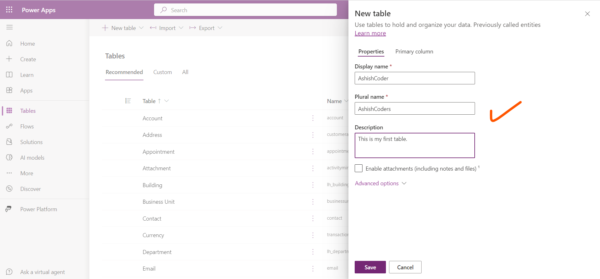 Create a Microsoft Dataverse Table