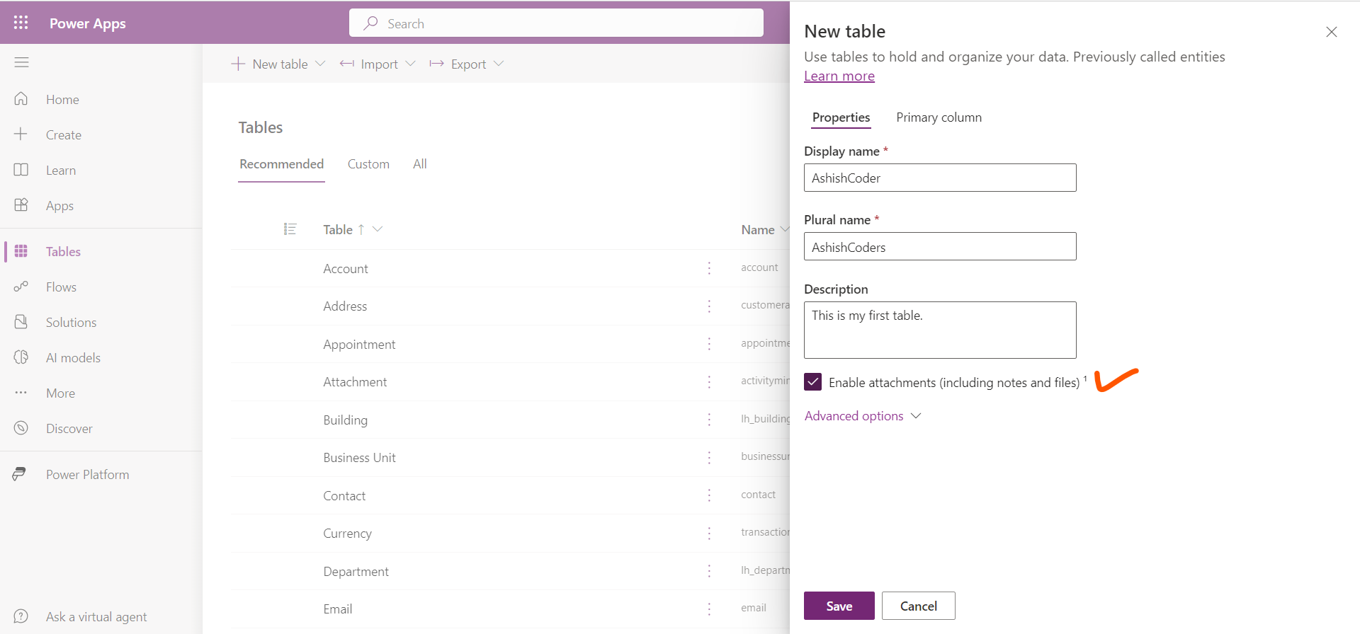 Create a Microsoft Dataverse Table