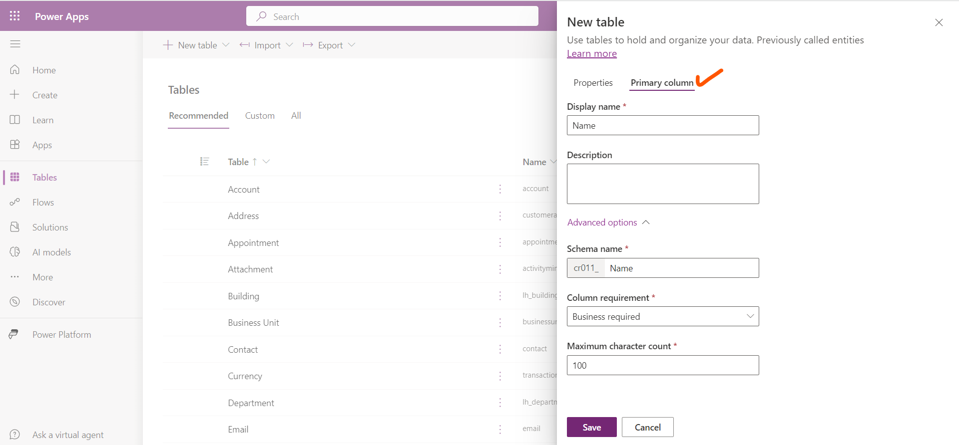 Create a Microsoft Dataverse Table