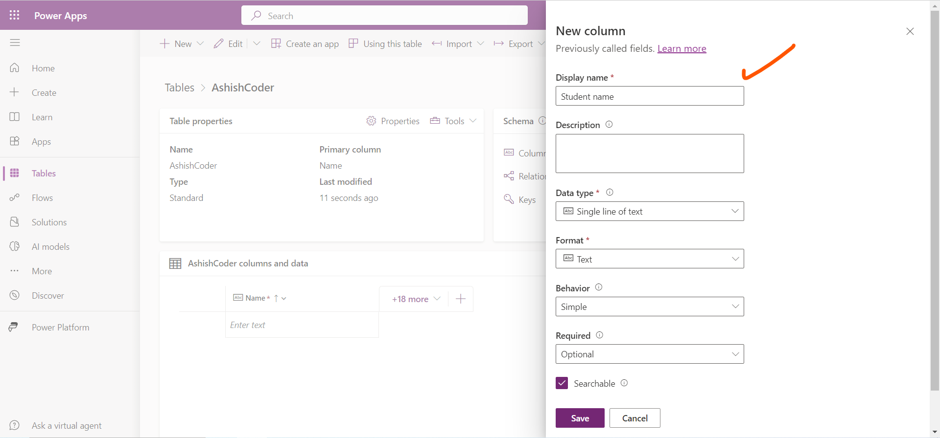 Create a Microsoft Dataverse Table