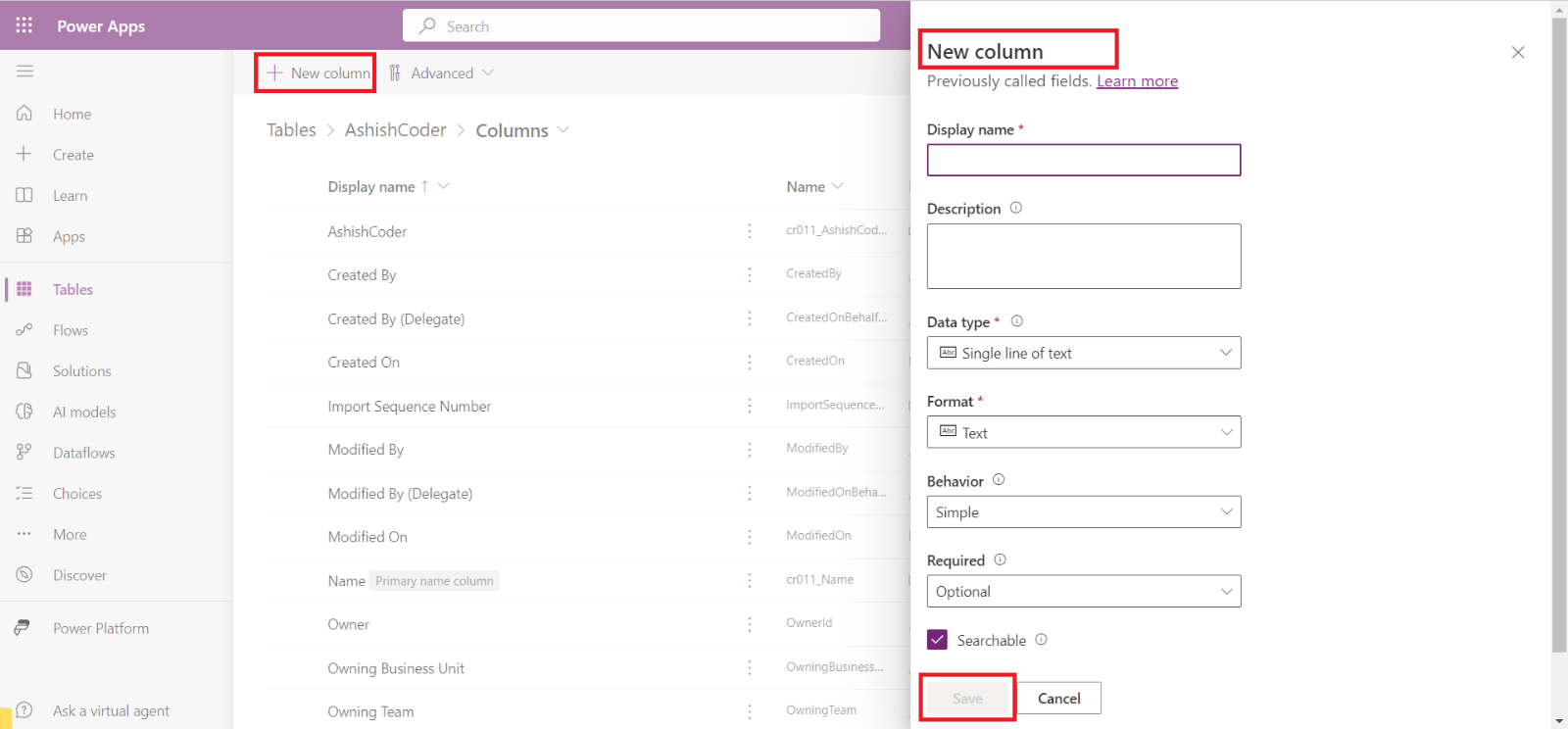 Create a Microsoft Dataverse Table