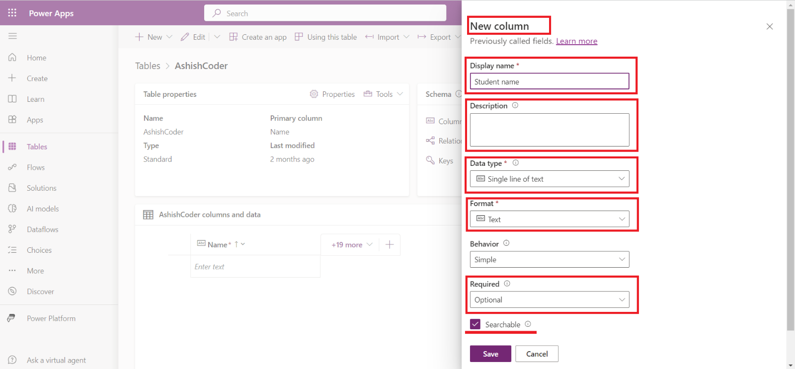 Create a Microsoft Dataverse Table