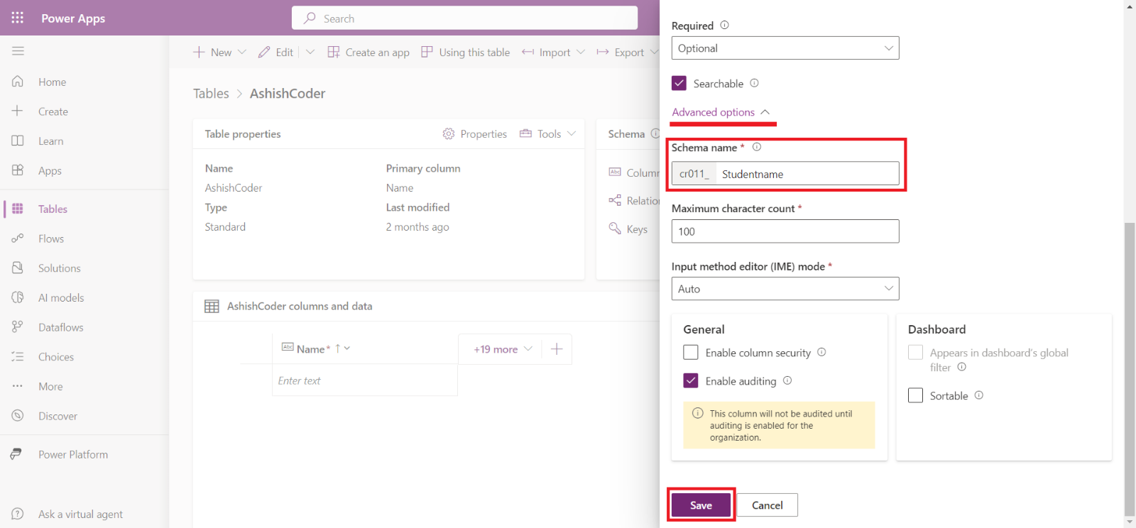 Create a Microsoft Dataverse Table