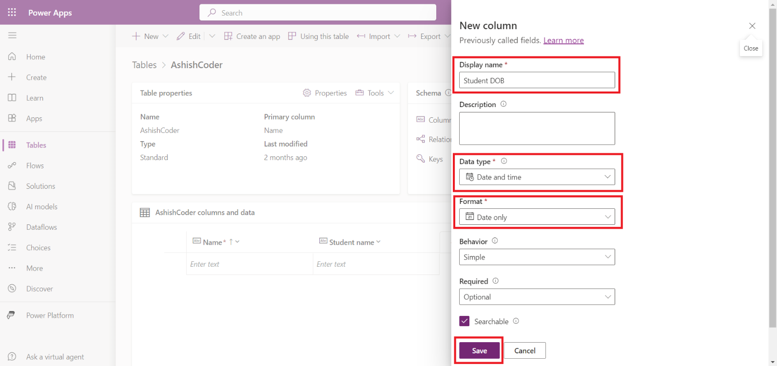 Create a Microsoft Dataverse Table