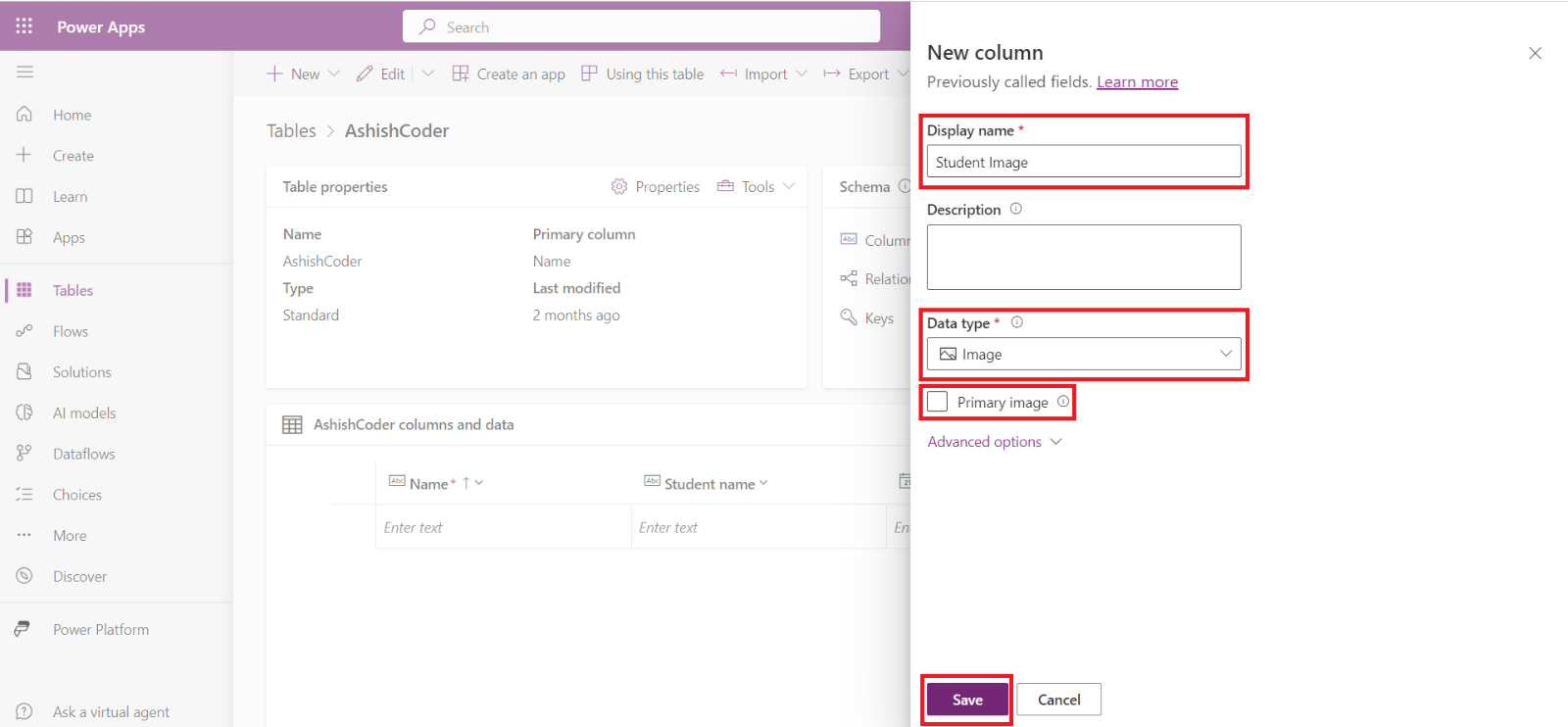 Create a Microsoft Dataverse Table