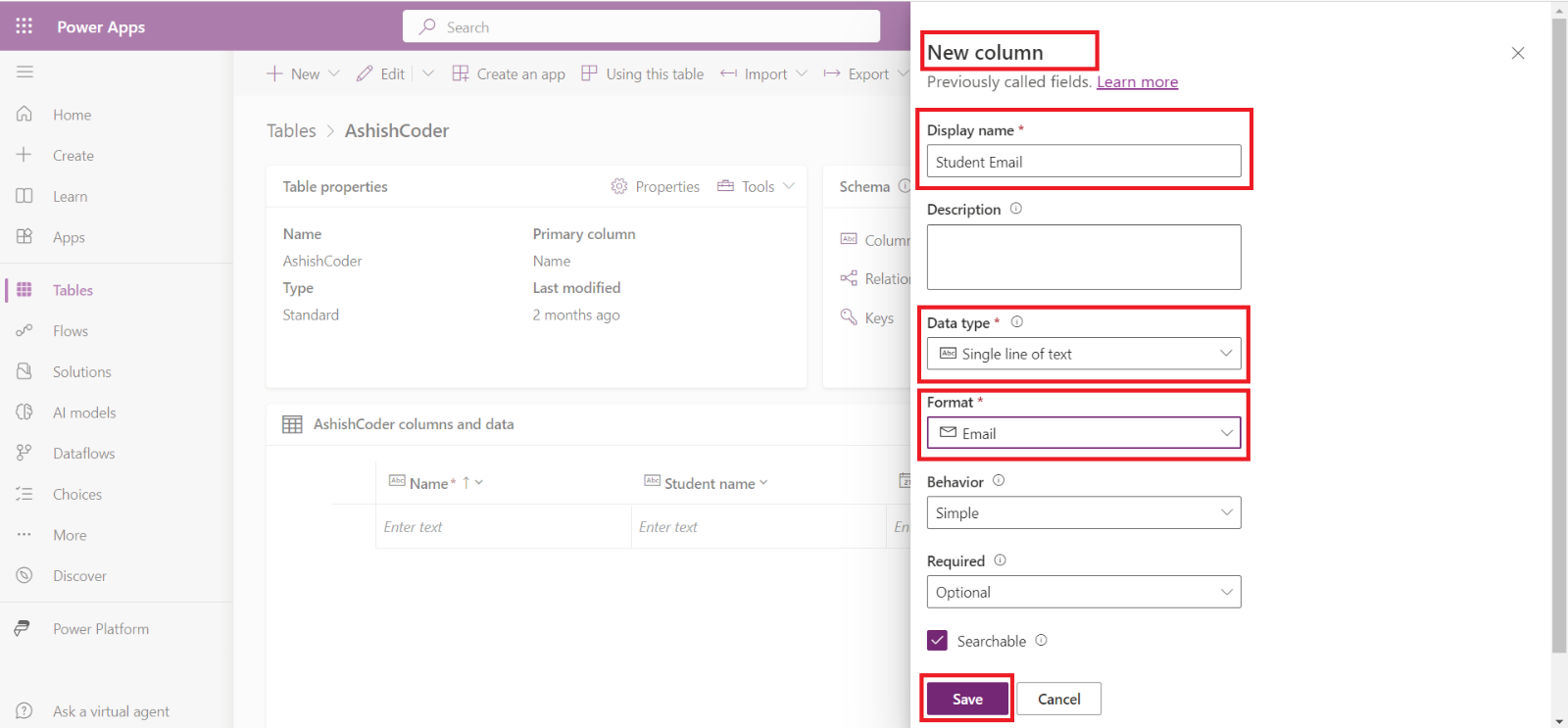 Create a Microsoft Dataverse Table