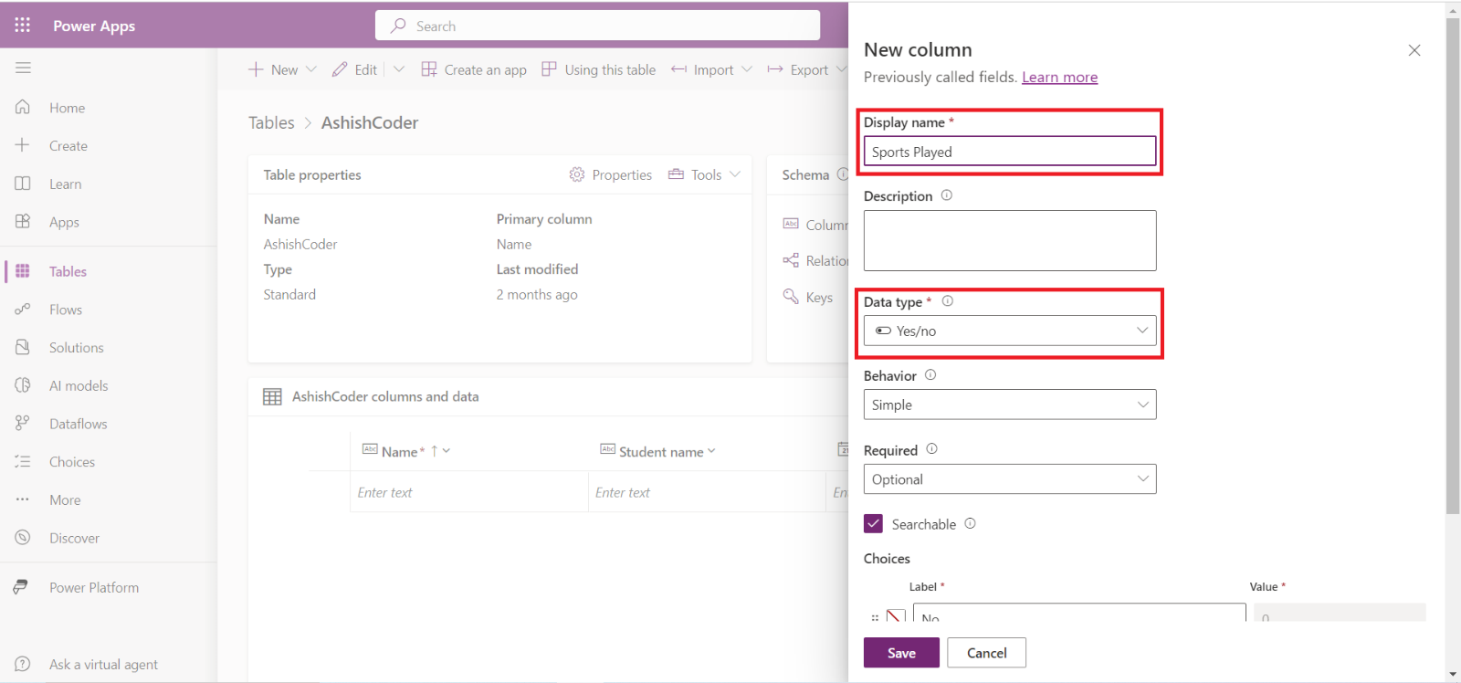 Create a Microsoft Dataverse Table