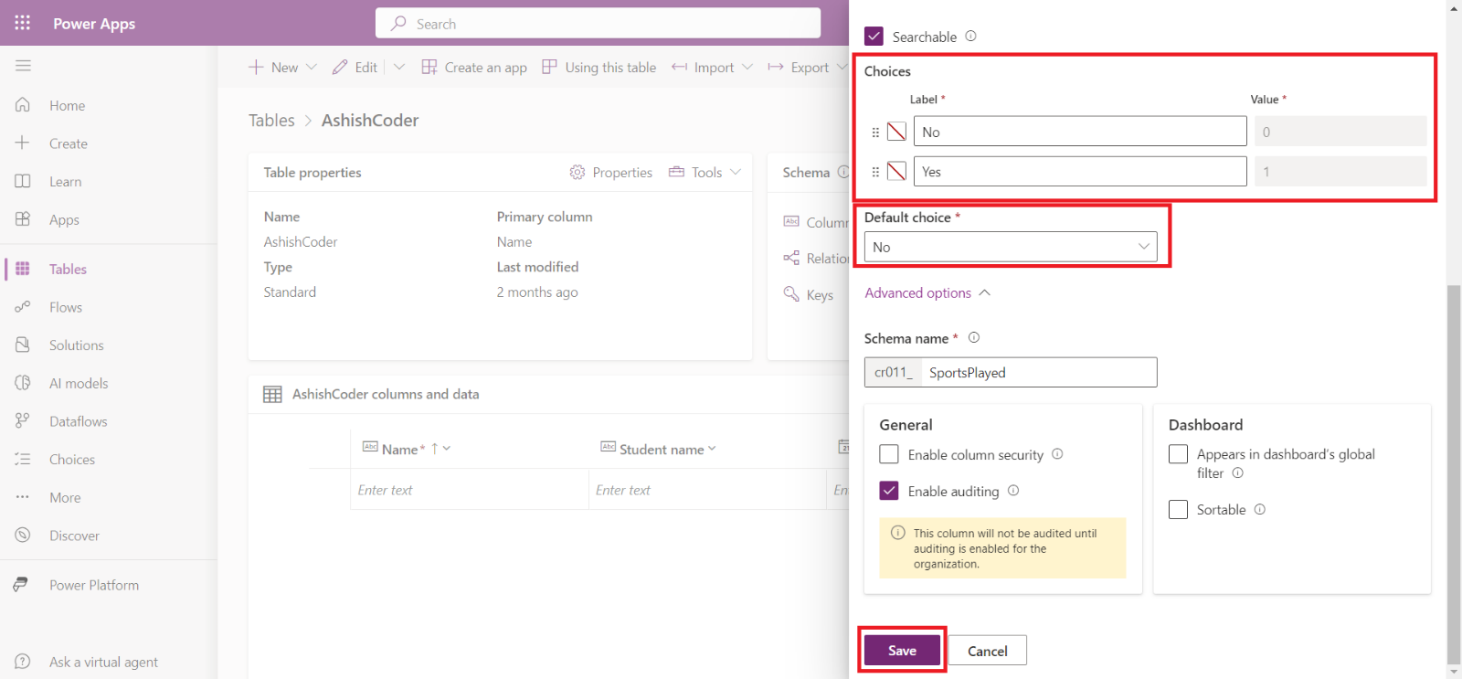 Create a Microsoft Dataverse Table