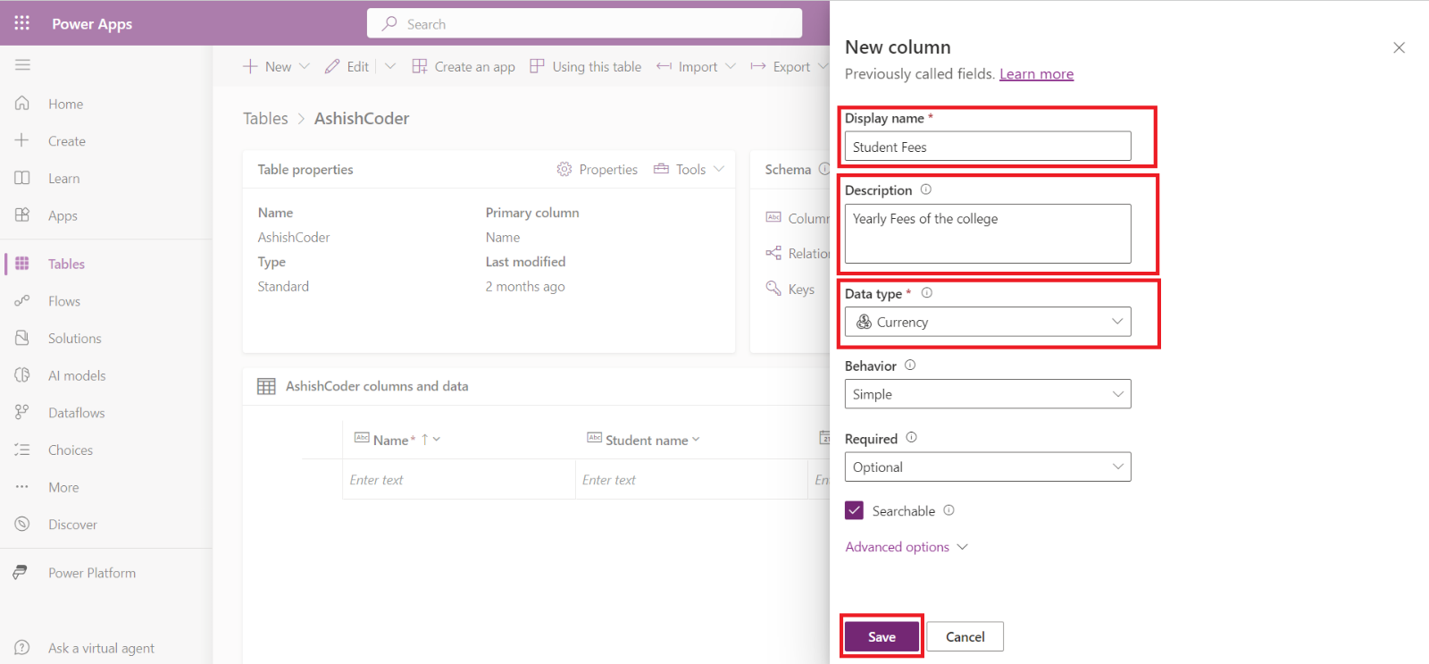 Create a Microsoft Dataverse Table