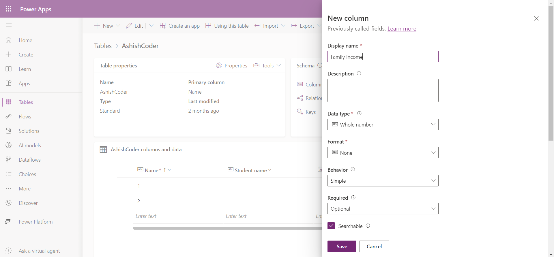 Create a Microsoft Dataverse Table