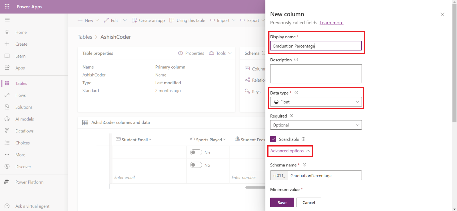 Create a Microsoft Dataverse Table