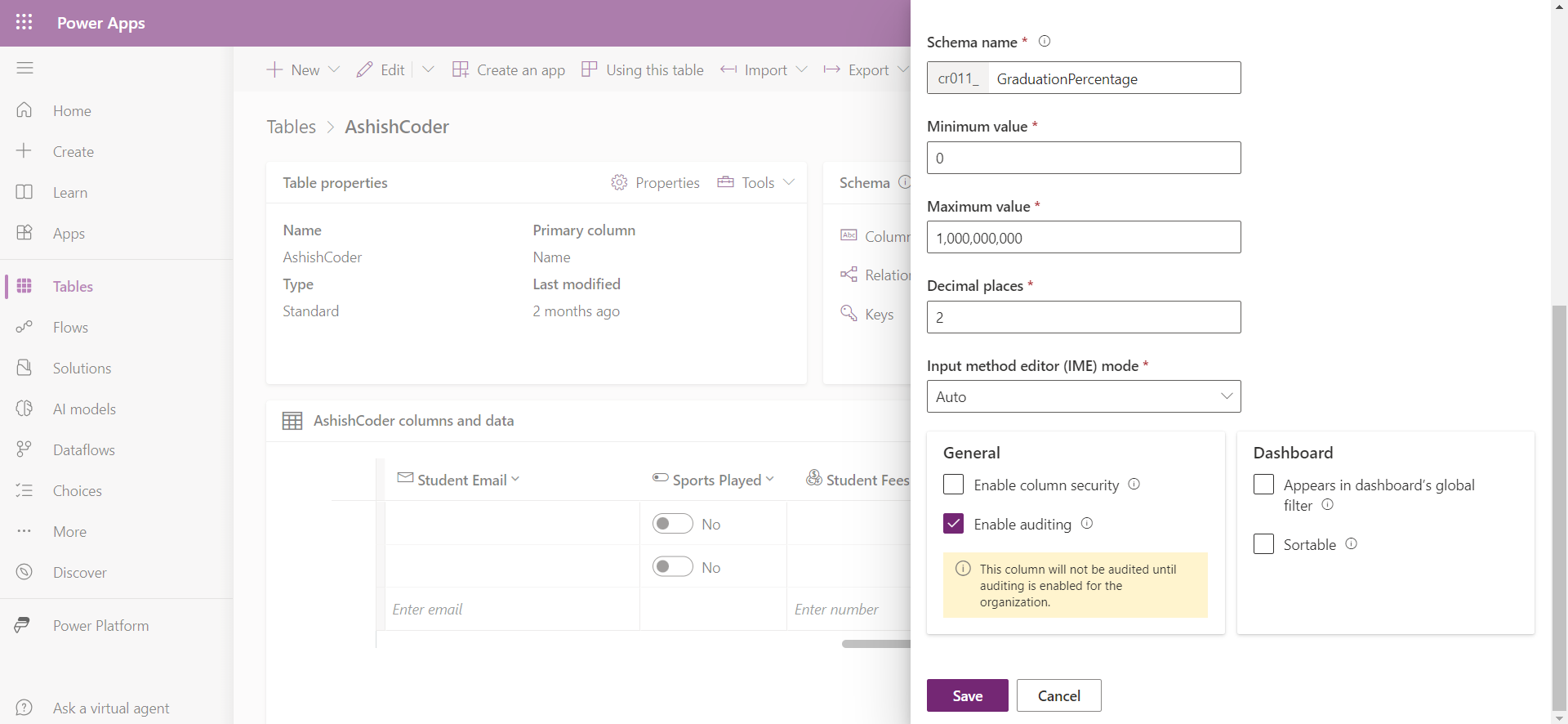 Create a Microsoft Dataverse Table