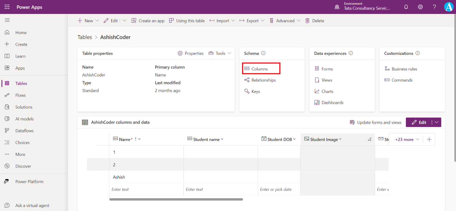 Create a Microsoft Dataverse Table