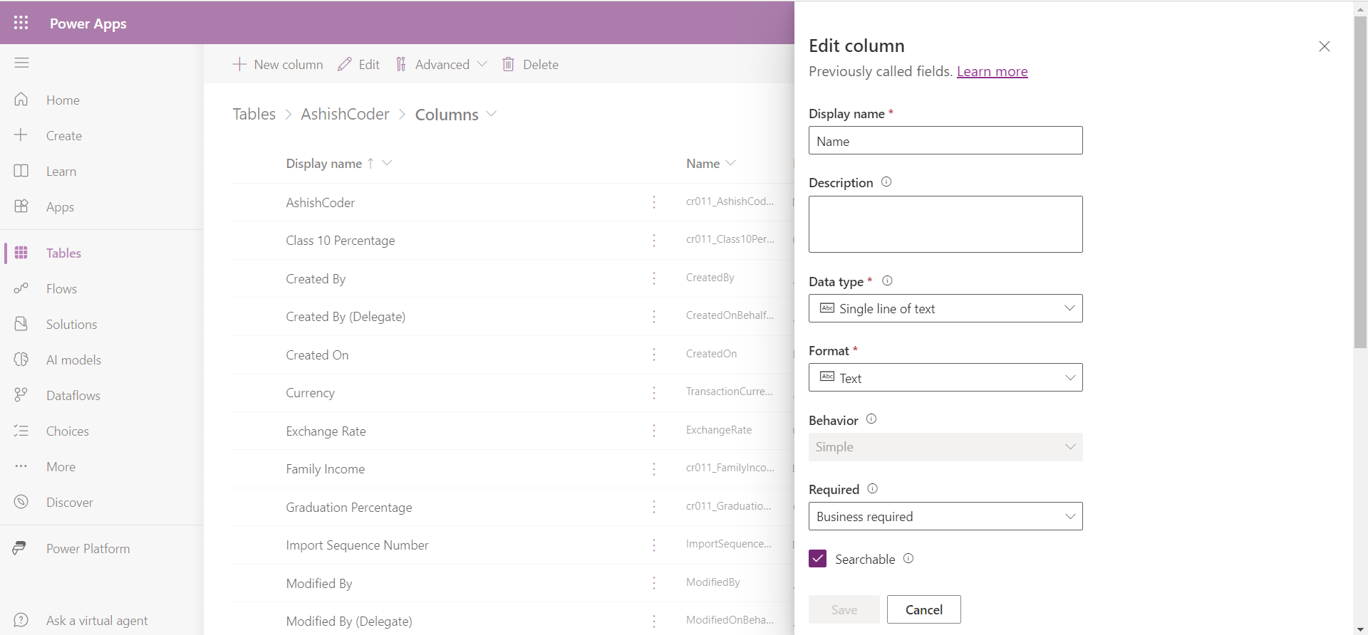 Create a Microsoft Dataverse Table