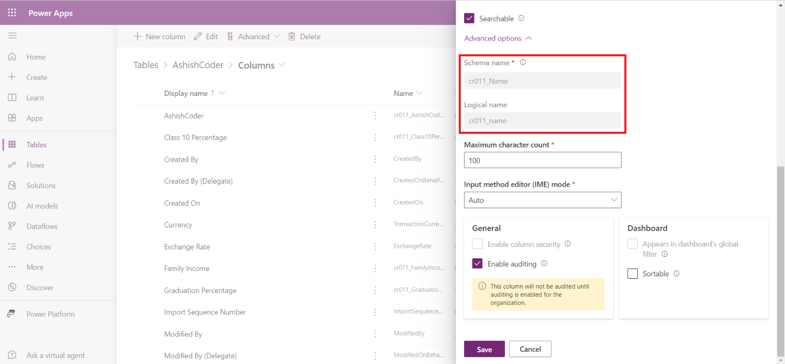 Create a Microsoft Dataverse Table