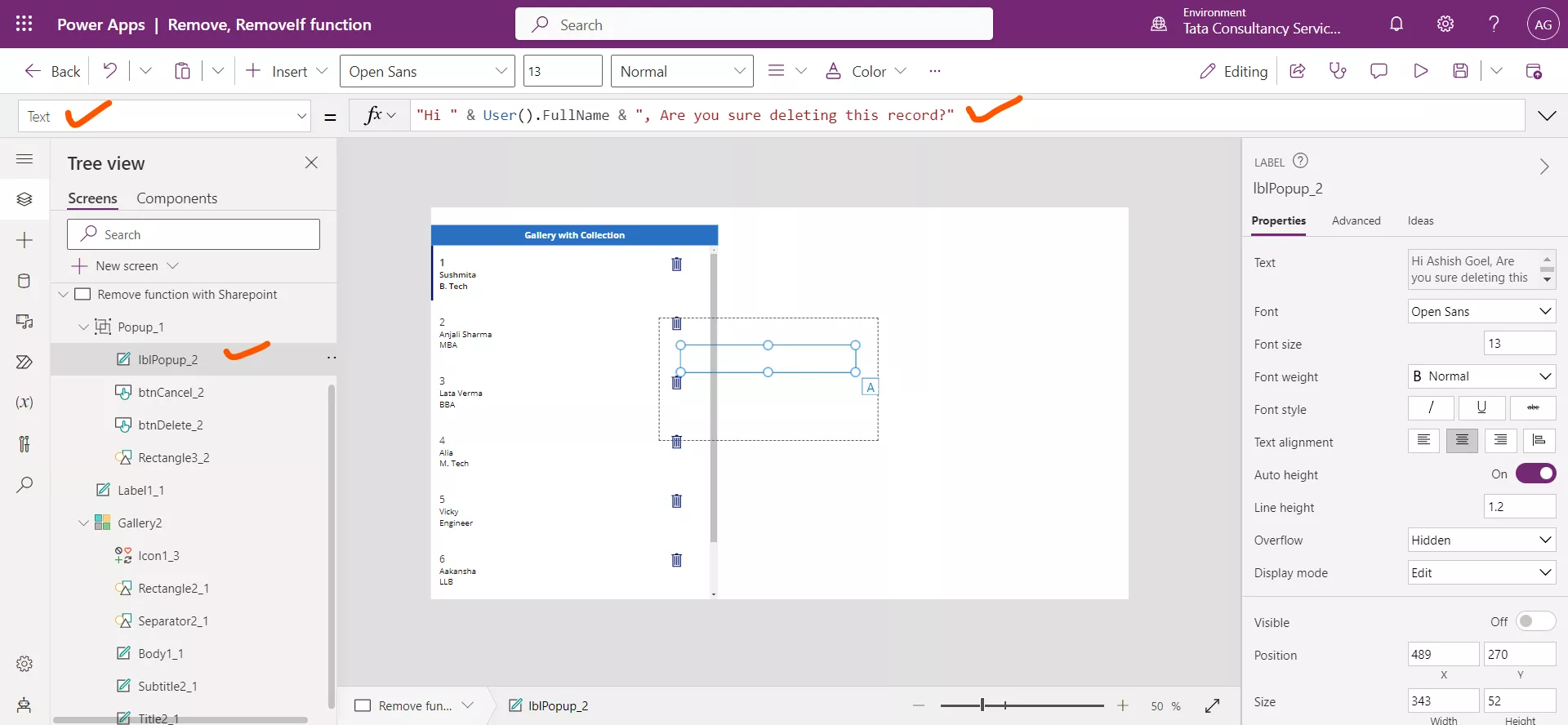 Remove function in Canvas Power Apps