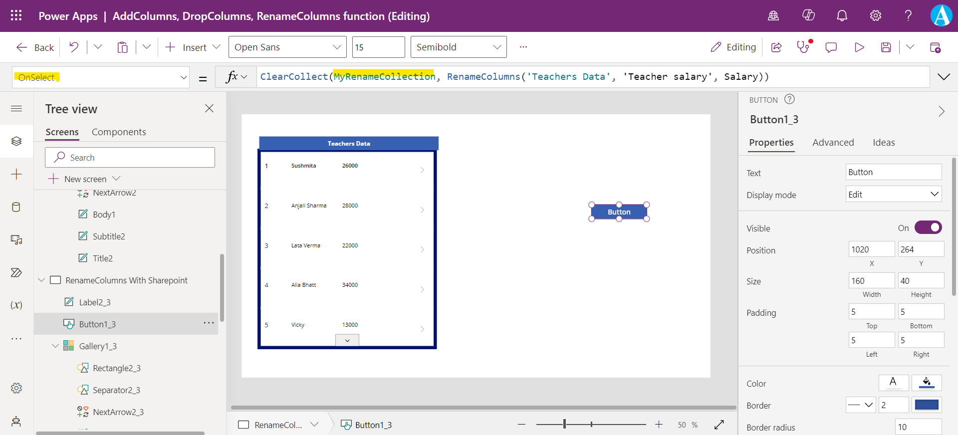 RenameColumns Function in Power Apps