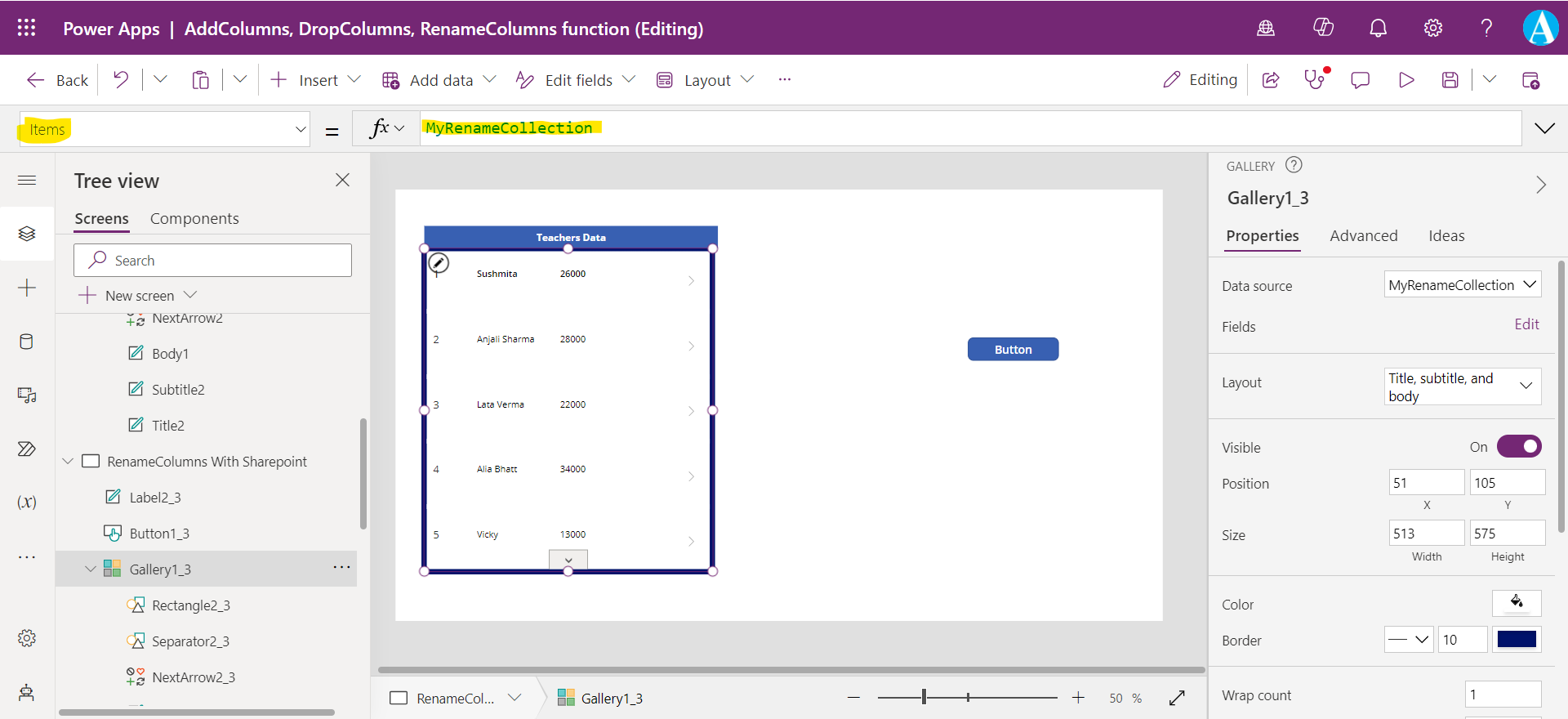 RenameColumns Function in Power Apps