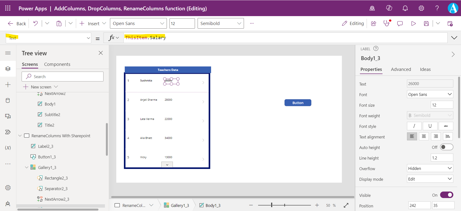 RenameColumns Function in Power Apps