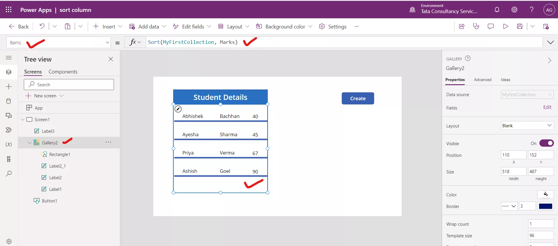 Sort function in Power Apps