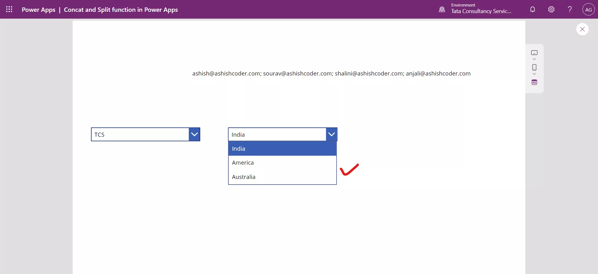 Split function in Power Apps