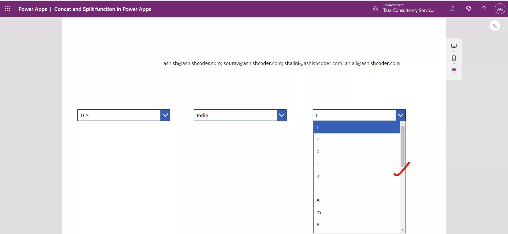 Split function in Power Apps