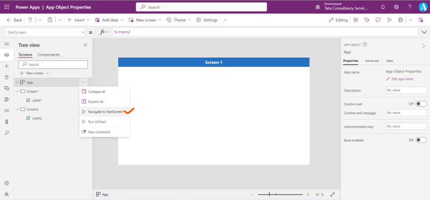 StartScreen property of App object in Power App