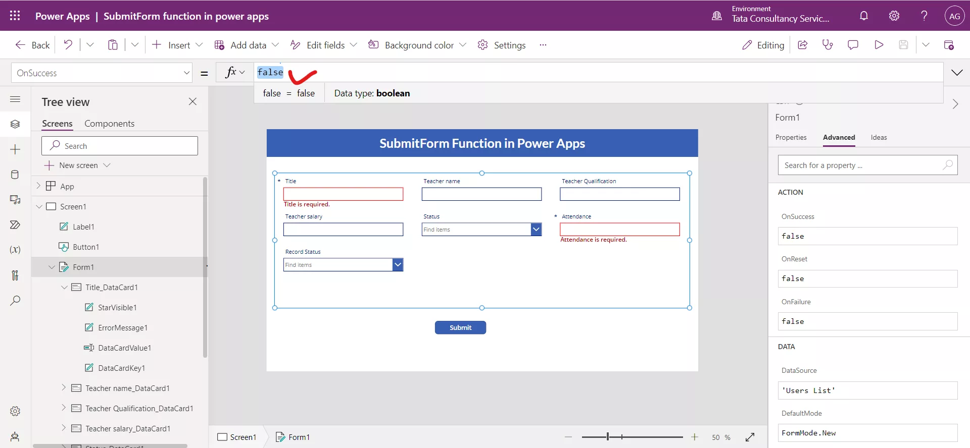 SubmitForm function in Power Apps