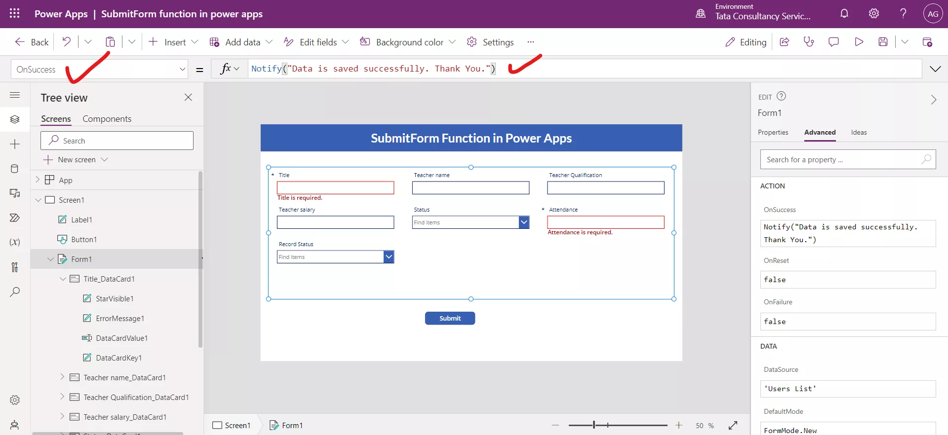 SubmitForm function in Power Apps