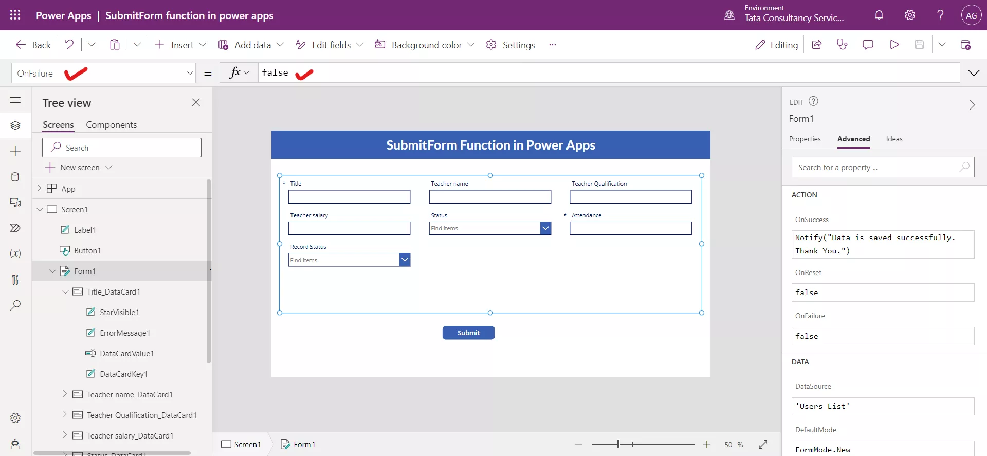 SubmitForm function in Power Apps