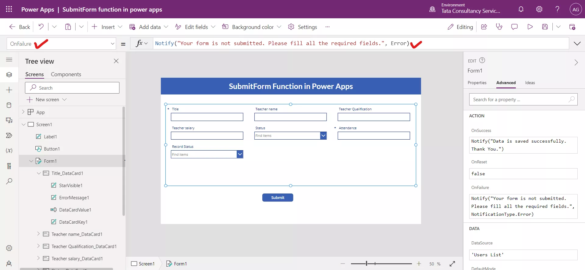 SubmitForm function in Power Apps