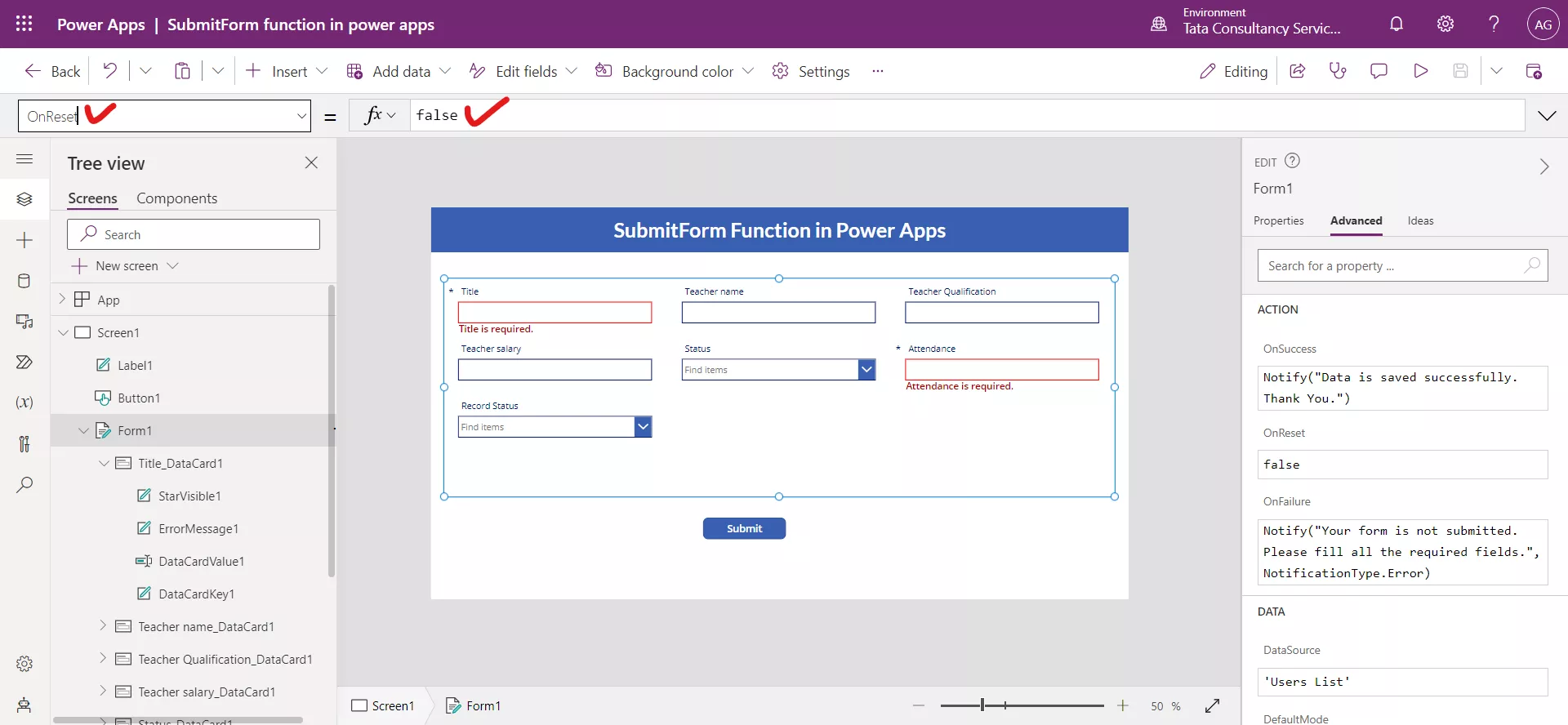 SubmitForm function in Power Apps