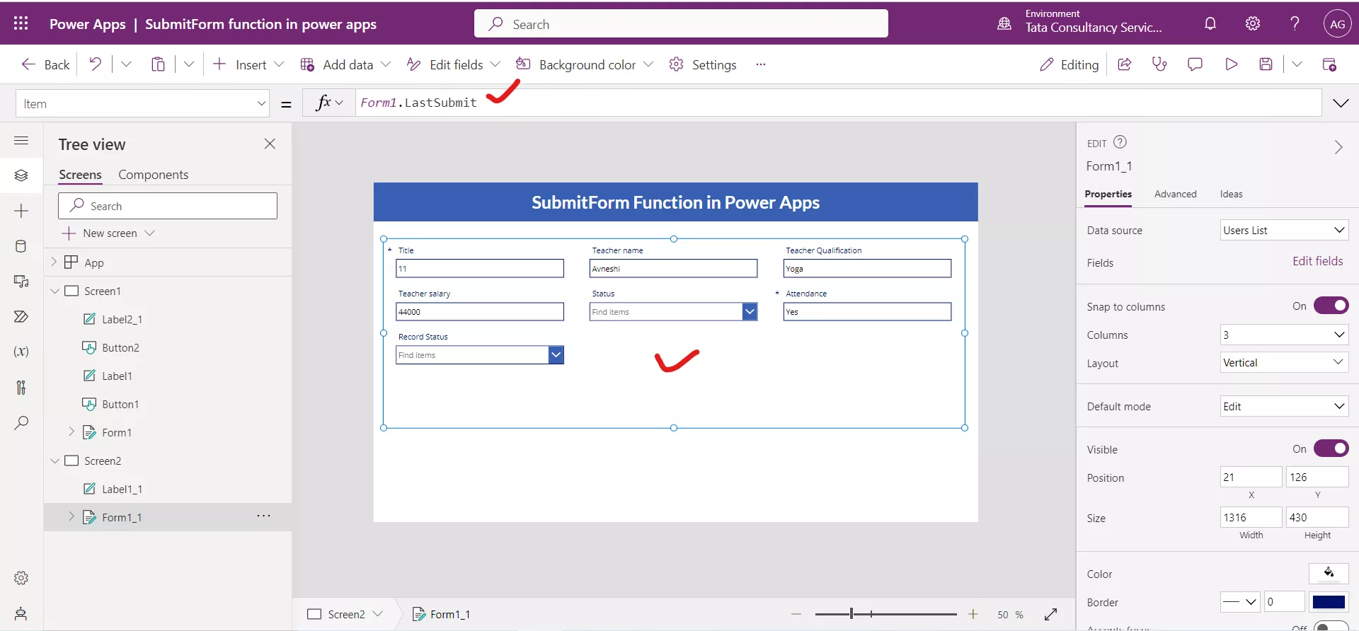 SubmitForm function in Power Apps