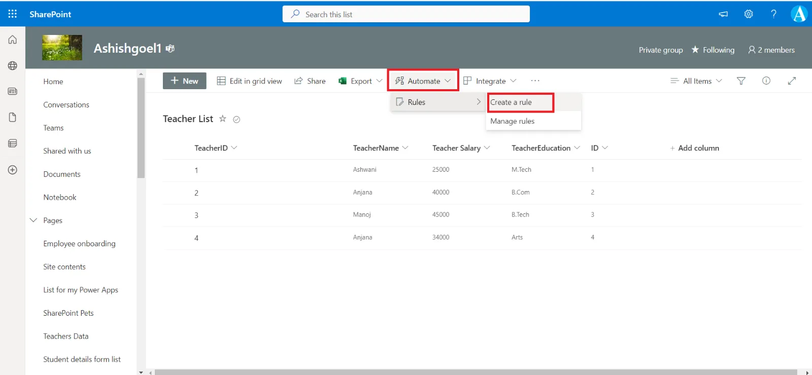 Create the automation rule in a list or library