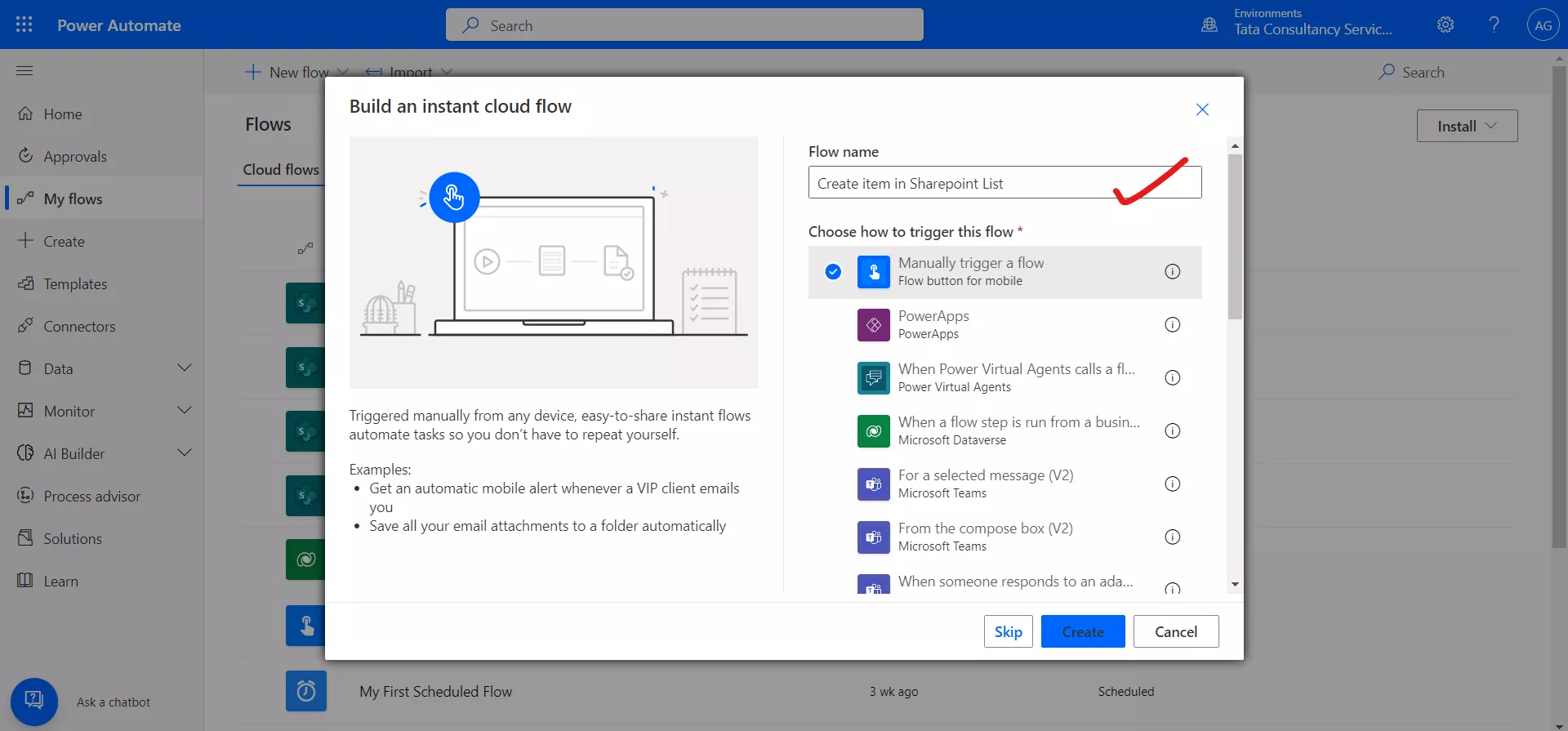 Create item in Sharepoint list using Power Automate