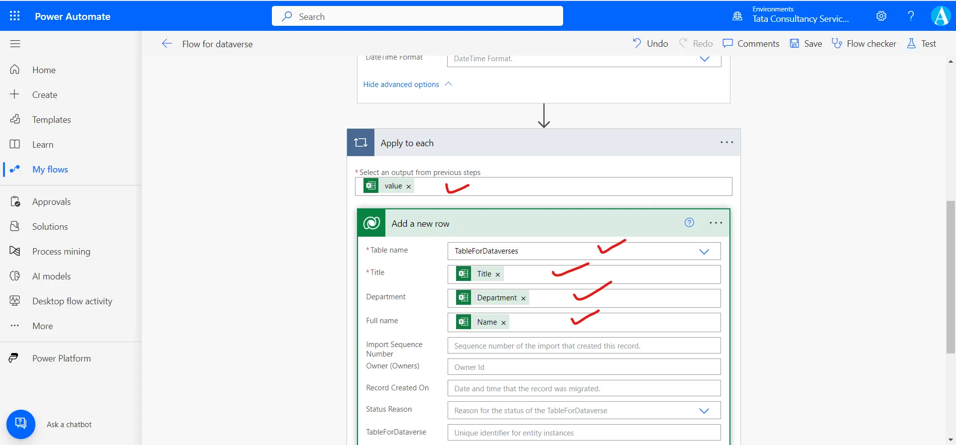 Create rows in Dataverse table using the excel data