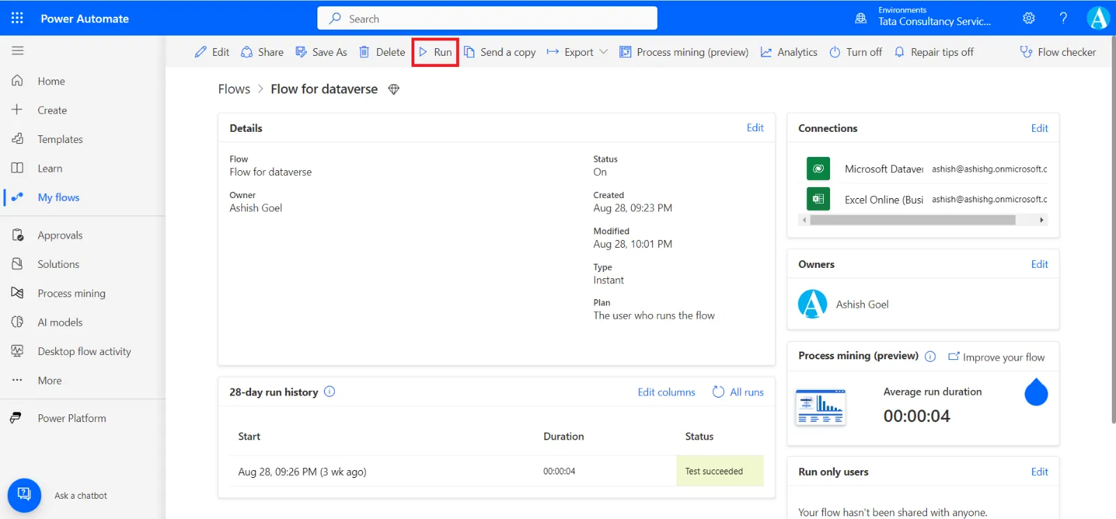 Create rows in Dataverse table using the excel data