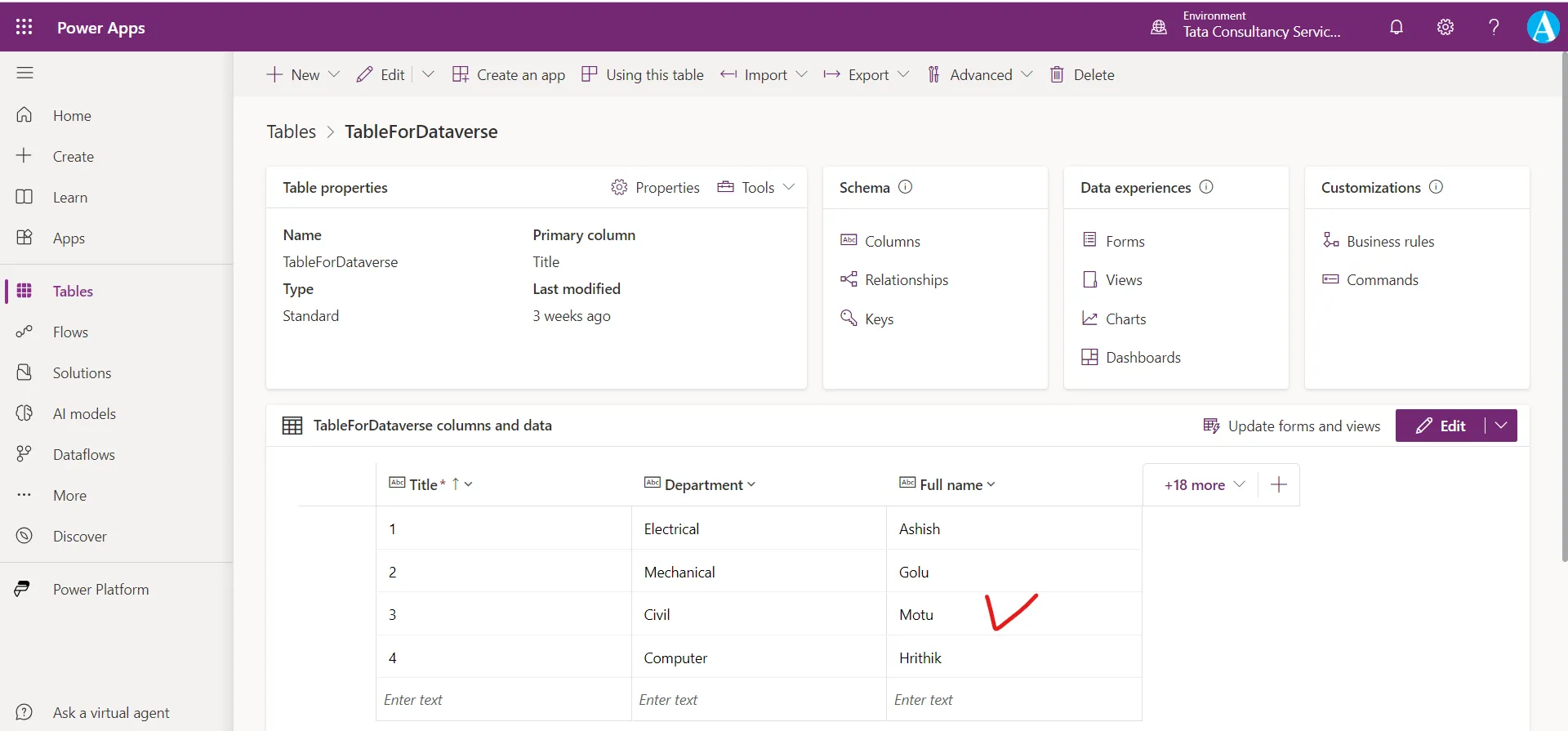 Create rows in Dataverse table using the excel data