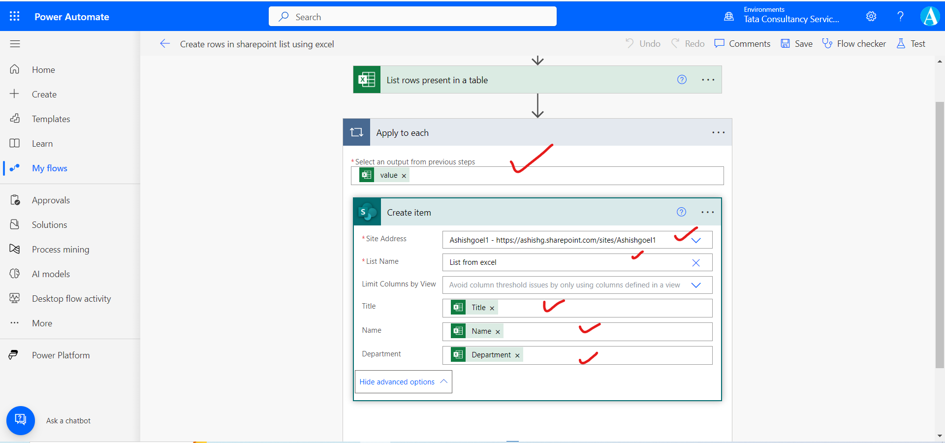 Create rows in sharepoint from excel using power automate