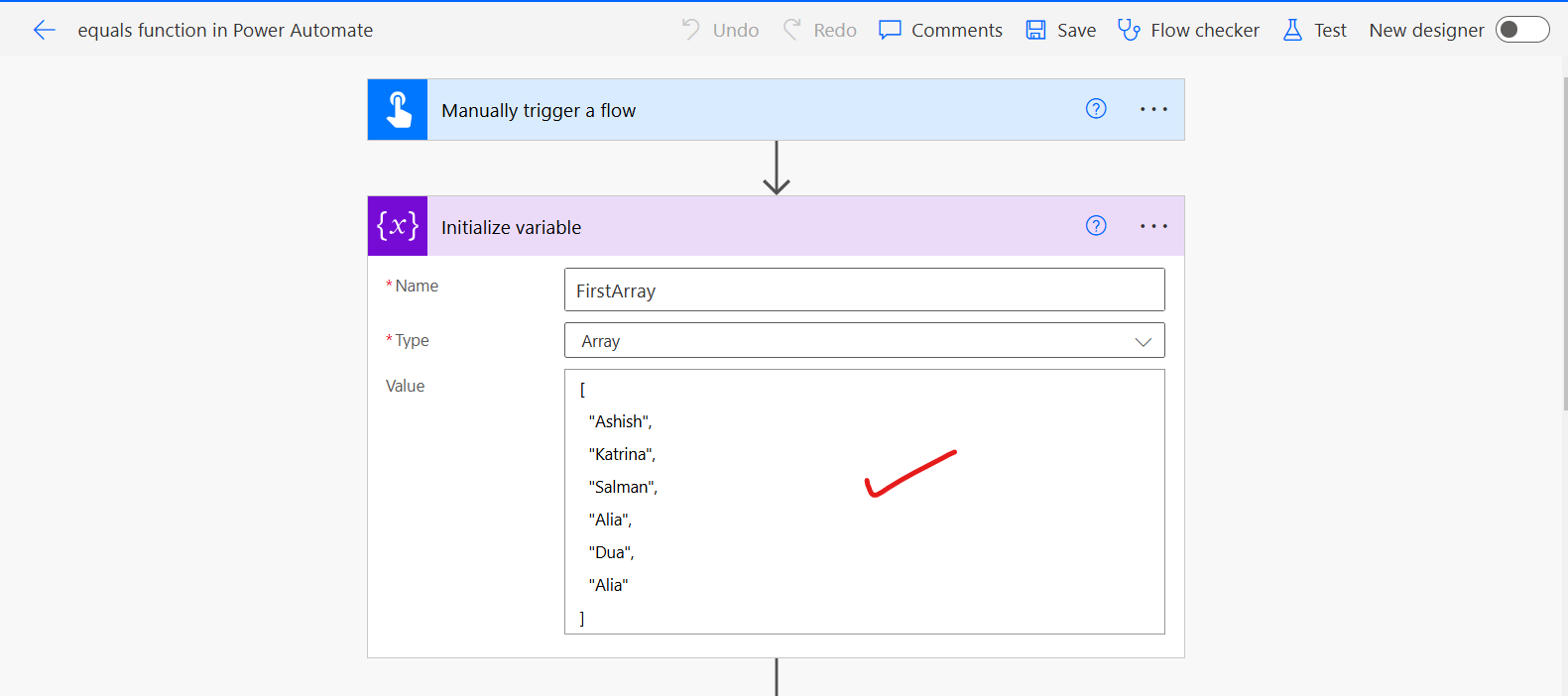 equals function in Power Automate