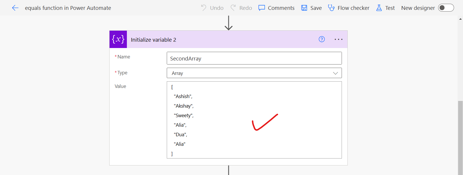 equals function in Power Automate