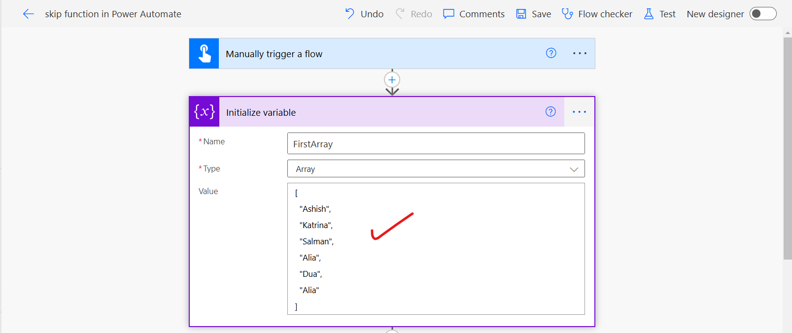 skip function in Power Automate