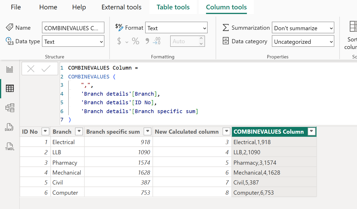 COMBINEVALUES dax function in Power BI