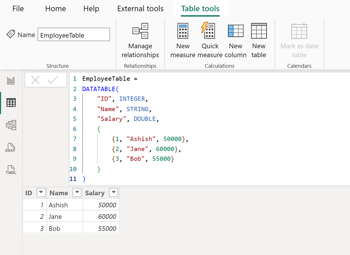 DATATABLE dax function in Power BI DATATABLE dax function in Power BI