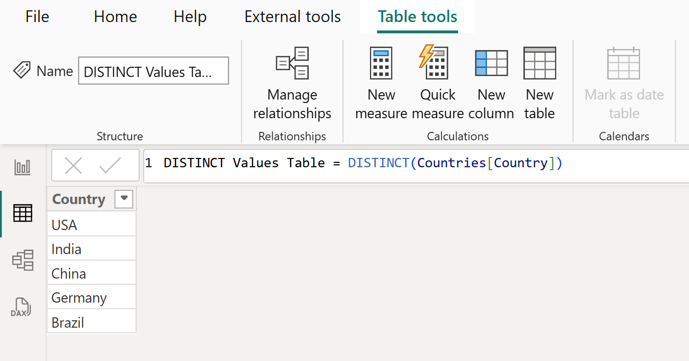 DISTINCT dax function in Power BI