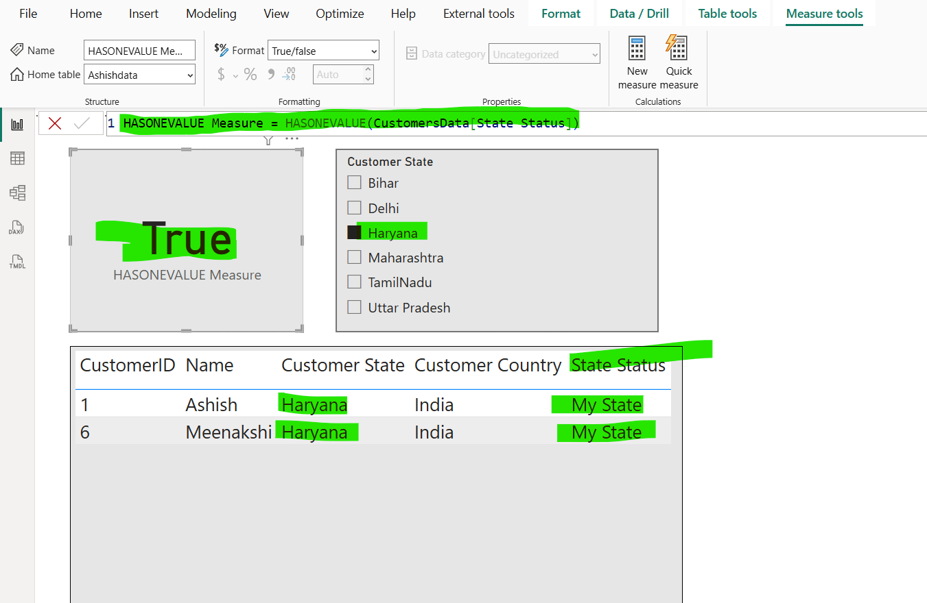 HASONEVALUE dax function in Power BI