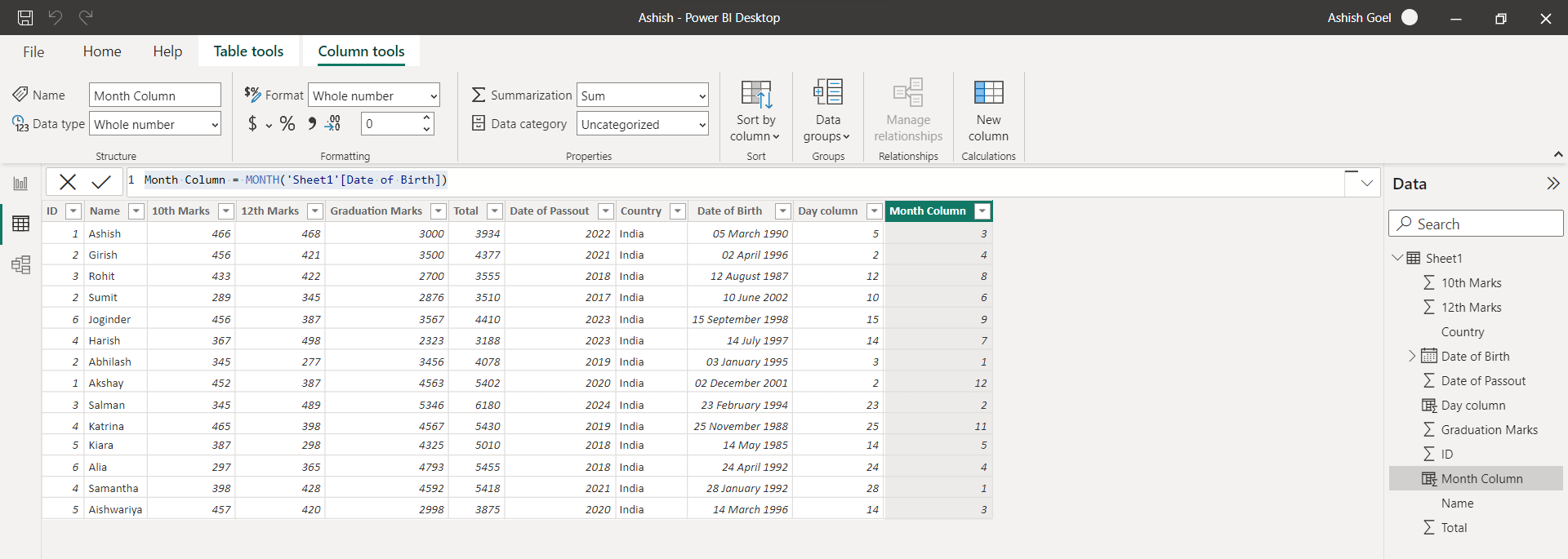 MONTH dax function in Power BI MONTH dax function in Power BI