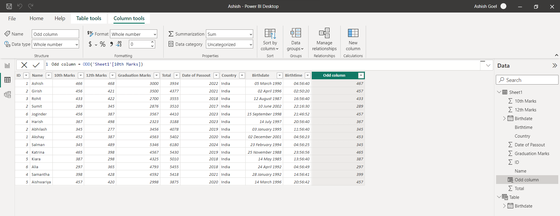 ODD dax function in Power BI