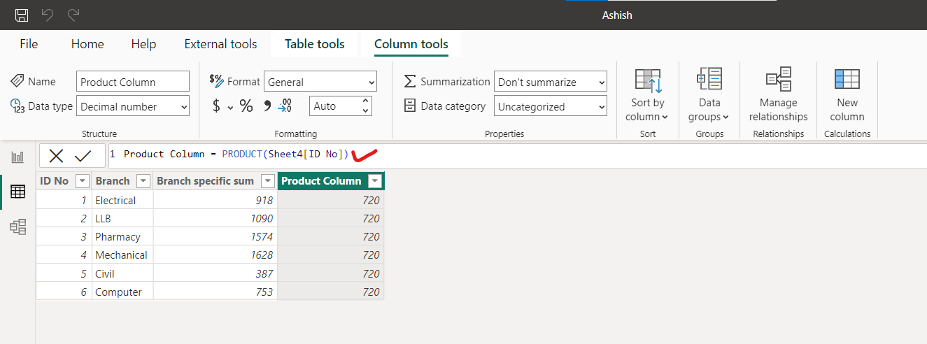 PRODUCT dax function